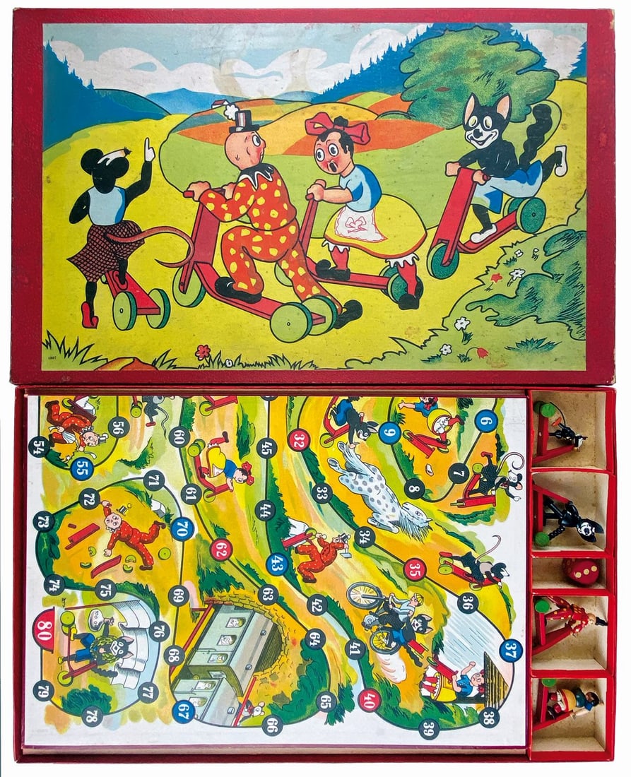 Felix e Topolino: Gara Pazza di Monopattino: Gioco di percorso anni '30, senza indicazione del produttore. Con­fezione cm 33x52. Completa di plancia, cm 43,5x61, 4 perso­naggi in legno prodotti dalla S.E.V.I.: Topolino, Felix, Pagliac­cio e R