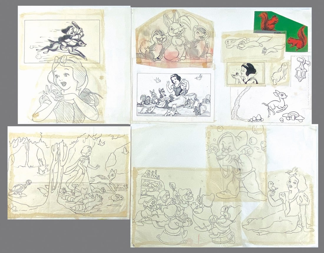 ZUCCHI - Biancaneve e i Sette Nani: Il Libro: Testo dattiloscritto con la traduzione dell'opera, in cartel­lina intestata, cm 29x22,5. Pp. 51. Unitamente a 6 fogli con prove di stampa e oltre 20 disegni ricalcati su lucido per le illustrazioni, 