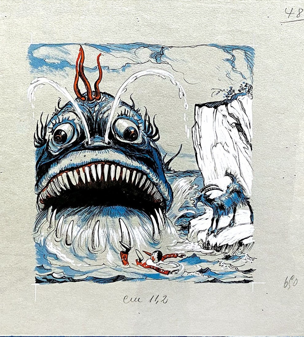 PORCHEDDU - Pinocchio: La Balena: GIUSEPPE PORCHEDDU - Pinocchio: La Balena. Illustrazione originale della mitica ba­lena pubblicata sulla prima edizione di Pinocchio del 1942, Paravia. China e tempera a colori su cartoncino grigio,