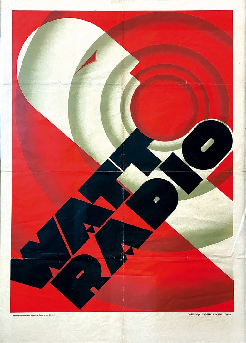 GIUSEPPE VINCENTI - Watt Radio: Affisso litografico, 1933. Cm 100x70. Impresso da Roggero & Tortia, Torino. Prima ed. priva della scritta "Torino". Spettacolare manifesto di cui a tutt'oggi si discute la paternita'; attribuito da al