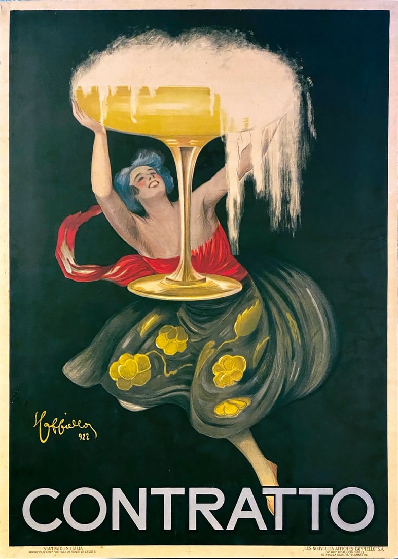CAPPIELLO - Contratto: Affisso litografico, 1922. Prima edizione. Cm 140x100. Impresso da "Les Nouvelles Affiches Cappiello" S.A., Parigi - Torino. QUALITA' A-: In­giallitura uniforme. Montato su telaio.