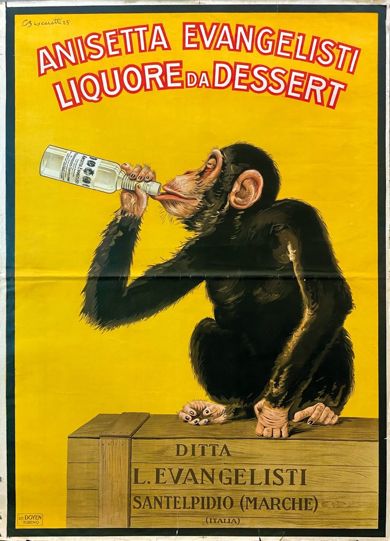 Anisetta Evangelisti - Liquore da Dessert: CARLO BISCARETTI DI RUFFIA - Anisetta Evangelisti - Liquore da Dessert. Affisso litografico, 1925. Cm 140x100. Impresso da Lit. Doyen, Torino. QUALITA' A-. Strappetti ai margini superiore e inferiore 