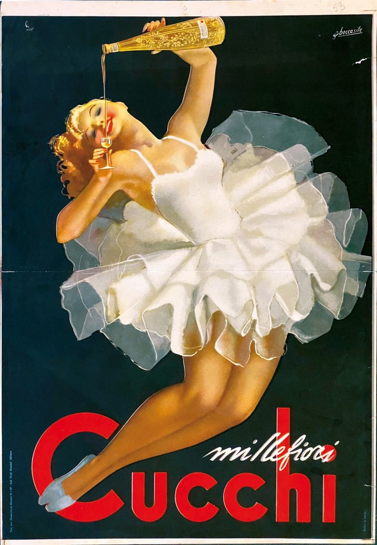 GINO BOCCASILE - Millefiori Cucchi: Affichette litografica, 1949. Cm 50x34. Impresso da Ind. Grafiche Besozzi, Milano. QUALITA' A-. Strappetti marginali, piccoli fori d'affissione.