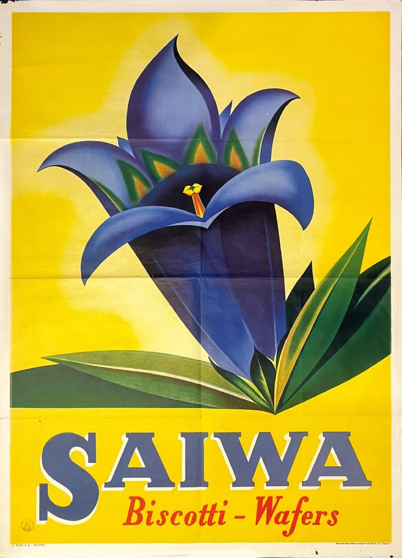 MARIO GROS - Saiwa Biscotti - Wafers: Affisso litografico, 1949. Cm 139x99. Impresso da A. Pizzi S.A., Milano. QUALITA' A.