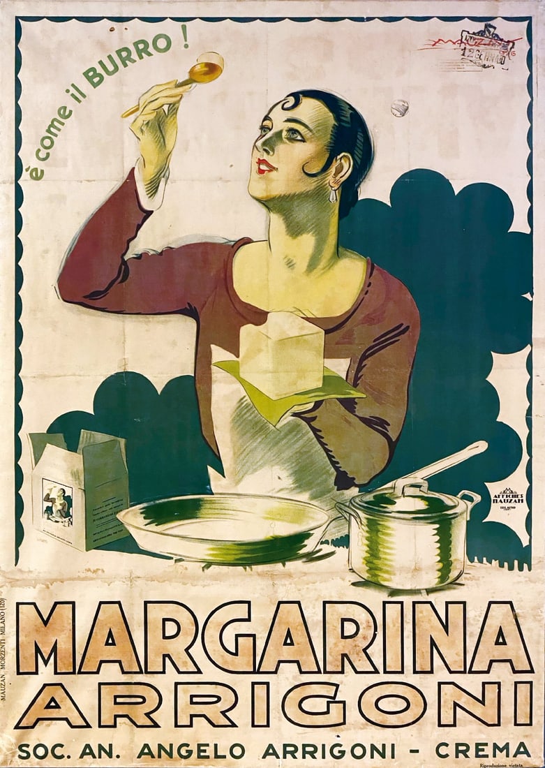LUCIANO MAUZAN - Margarina Arrigoni: Affisso litografico, 1926. Cm 138x97. "Affiches Mauzan", Milano. Intelaiato. QUALITA' C. Ingialliture e piccole mende.