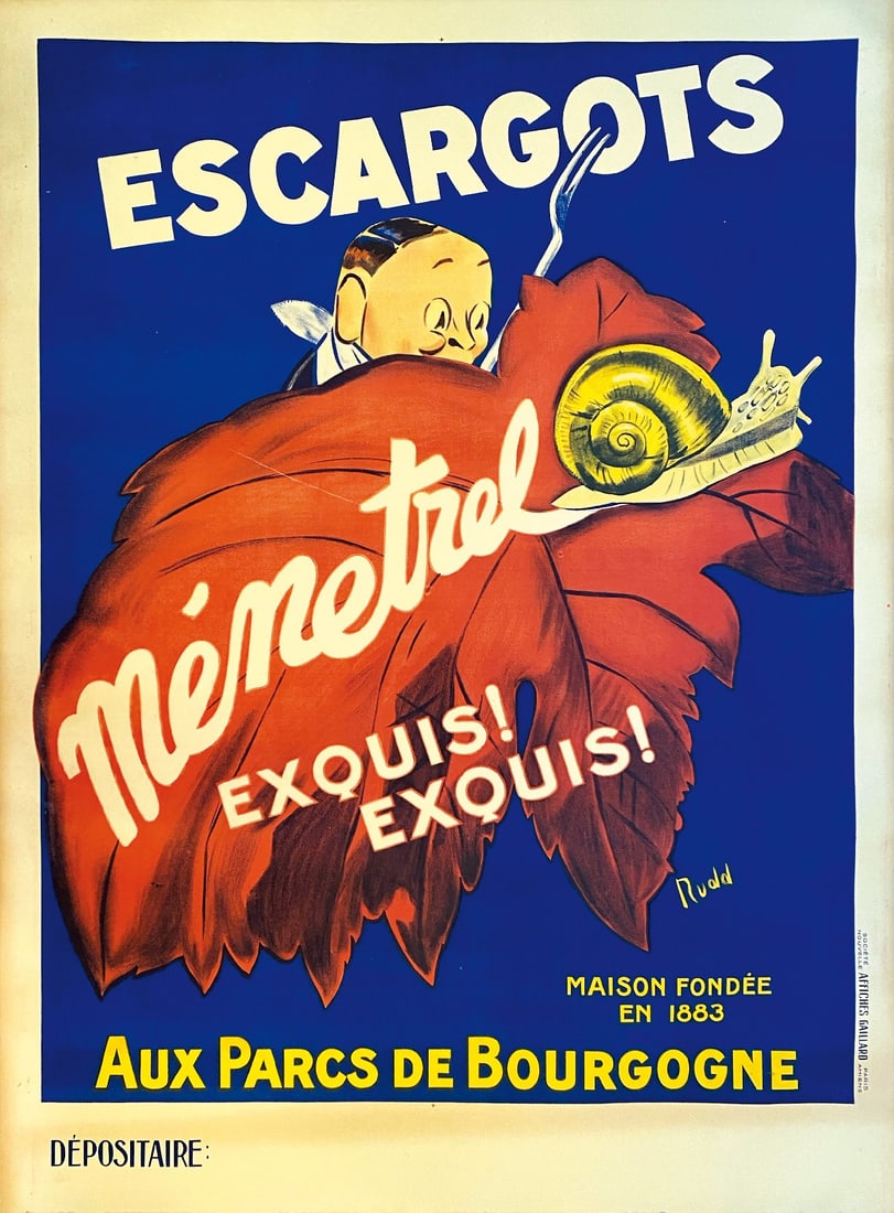 RUDD - Escargots Menetrel: Affisso litografico, anni '30. Cm 160x120. Impresso da Societe Nouvelle Affiches Gaillard, Paris. QUALITA' A.
