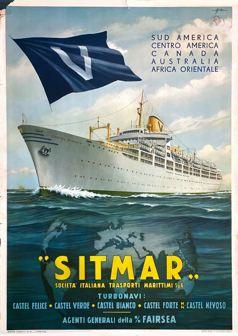 Sitmar Societa' Italiana Trasporti Marittimi: A. STOR - Sitmar Societa' Italiana Trasporti Marittimi. Affisso, 1953. Cm 100x70. Impresso da Gros Monti & C., Torino. QUALITA': B+. Angolino su­periore mancante, strappetti marginali.