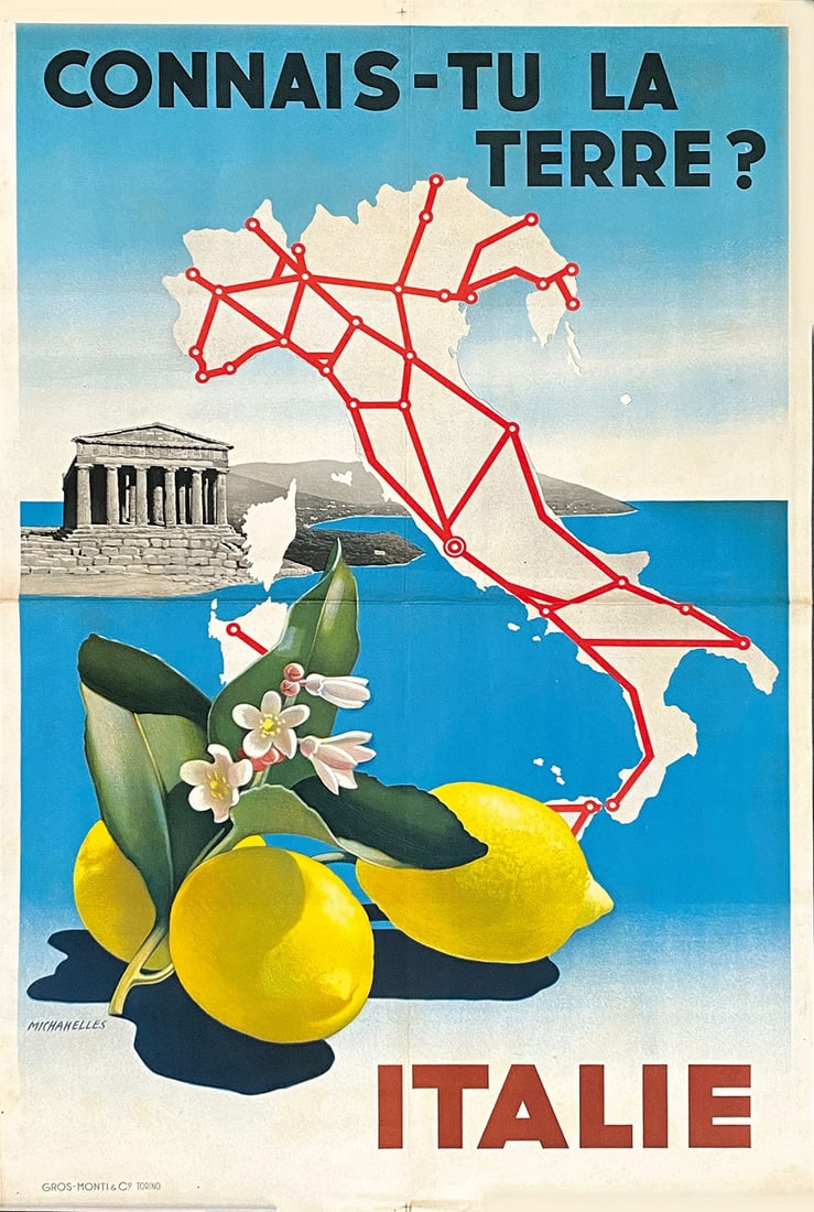 RAM - Connais-tu la Terre? Italie: RAM (Michahelles Ruggero Alfredo) - Connais-tu la Terre? Italie. Affisso originale, anni '30. Cm 100x70. Impresso da Gros Monti & C., Torino. QUALITA': A-. Mi­nime pieghe d'archivio.