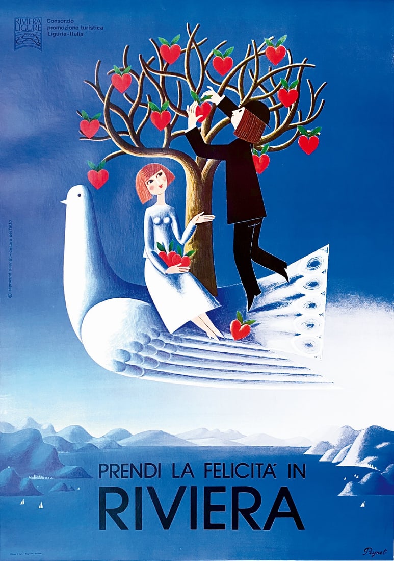 PEYNET - Prendi la Felicita' in Riviera: RAYMOND PEYNET - Prendi la Felicita' in Riviera. Affisso offset per il Consorzio promozionale regione Liguria, anni '70. Cm 100x70. QUA­LITA': A.