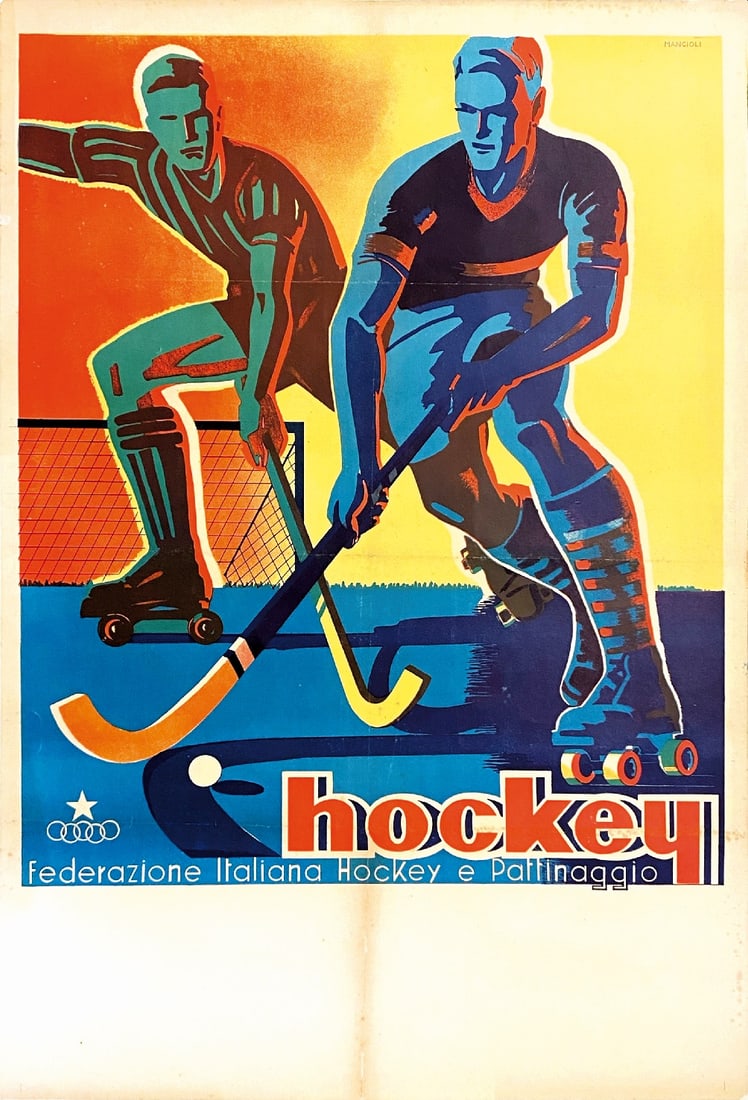Hockey Federazione Italiana Hockey e Pattinaggio: CORRADO MANCIOLI - Hockey Federazione Italiana Hockey e Pattinaggio. Affisso litografico, primi anni '50. Cm 100x70. QUALITA': B+. Ingialliture alle pieghe. Telato.