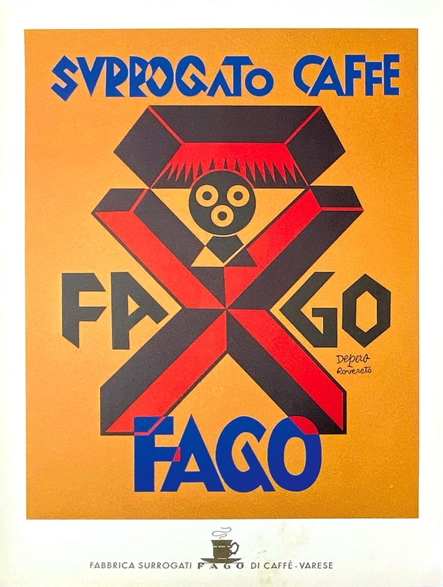DEPERO - Surrogato Caffe' Fago: Locandina promozionale per la fabbrica di sur­rogati di Varese, n.d. ma anni '30. Cm 33x24,5. Firmato in lastra. QUALITA': A.