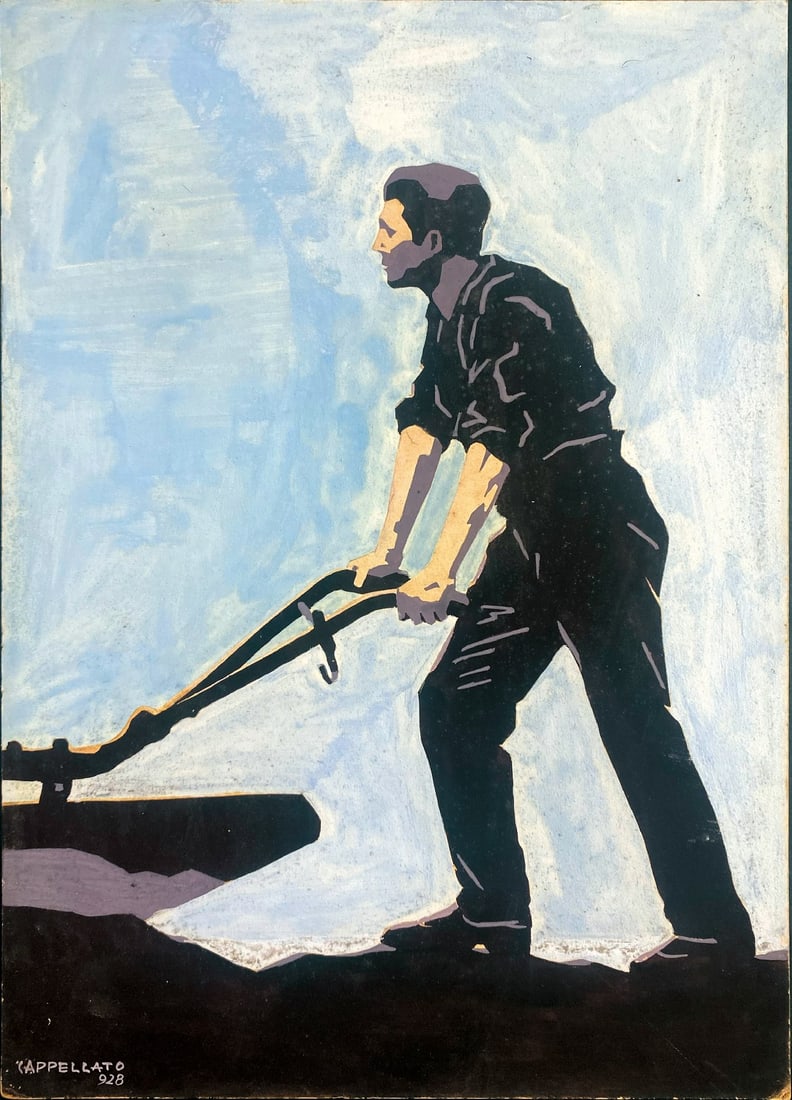 FAUSTO CAPPELLATO - L’Aratro: Bozzetto per assicurazioni agraria. Tecnica mista su car­tone, cm 33,5x23,5. Firmato e datato 1928. QUALITA': A.