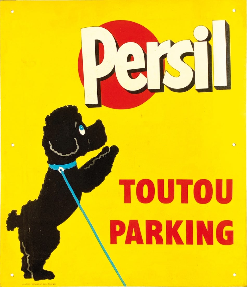 Persil Toutou Parking: Latta pubblicitaria serigrafica, primi anni '50. Cm 35x20,5. Impressa da Alutol, Villeneuve, Saint George. QUALITA' A-.