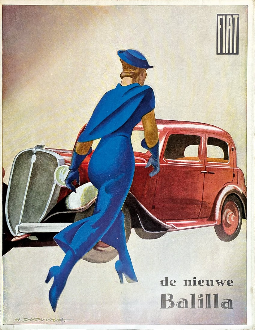 M. DUDOVICH - Fiat de Nieuwe Balilla: Depliant promozionale apribile in olandese, 1934. Cm 29x22,5 (aperto cm 56x66). Bertieri, Milano. Come nuovo, minimo strappetto senza mancanze alla parte bassa del dorso.