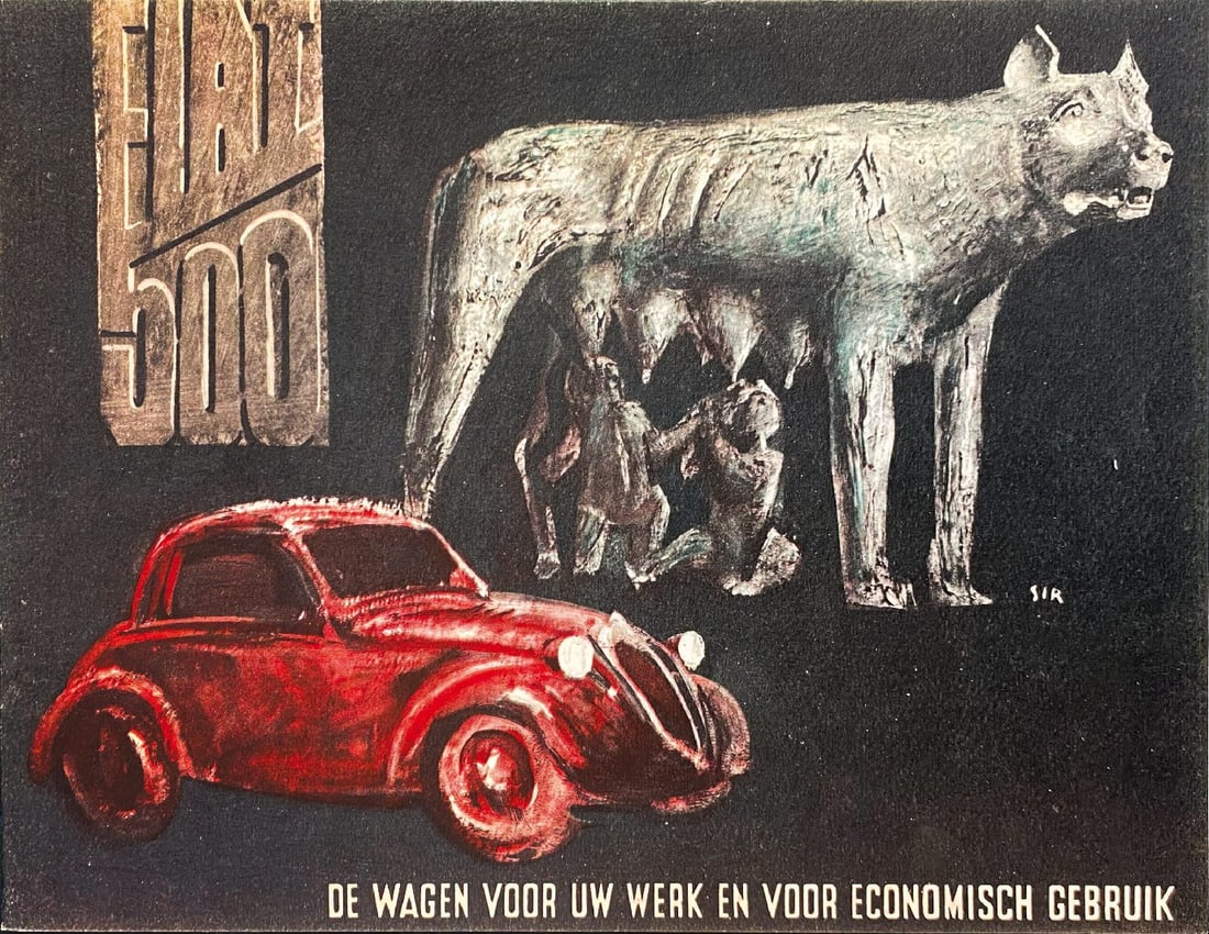 MARIO SIRONI - Fiat 500 (Topolino): Depliant promozionale apribile in lingua olan­dese, 1936. Spillato cm 18x23,5. Perfetto stato.