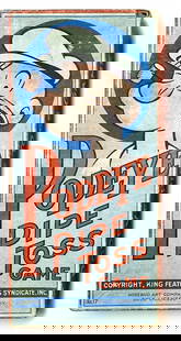 SEGAR - Popeye Pipe Toss Game: Rosebut Art Company, 1935. Confezione cm 28x13. Completo di personaggio sagomato con piccola abrasione alla base e altri elementi. Buono stato, piccolo strappetto angolo scatola.