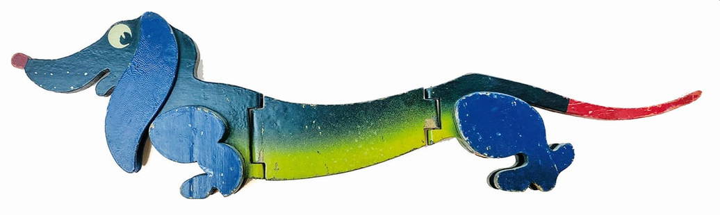 STO - Bonaventura: Chilometro: STO (SERGIO TOFANO) - Bonaventura: Chilometro. Giocattolo in legno snodabile prodotto da Gianduia, anni '30. Raffigurante il celebre bassotto del Sig. Bonaventura. 3 parti in legno raccordate, cm 66x