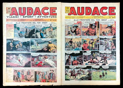 Audace periodo Mondadori: G.L. BONELLI; ALBERTARELLI; CAESAR; SCOLARI; CAPRIOLI - Audace periodo Mondadori. Sequenza completa nn. 276 a 297 (lotto di 21 giornali). Cm 38x27. Pubblica "Alle frontiere del Far West"