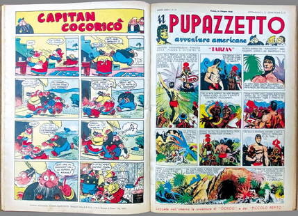Il Pupazzetto: HOGART, DIRKS, HARTMAN, MAXON, ROBBINS - Il Pupazzetto. Societa' Editrice de "Il Papazzetto", 1945. Nn. 17 a 22, da n. 39 a 44. Raro giornale pubblicato nella Roma appena liberata; in legatura coeva.