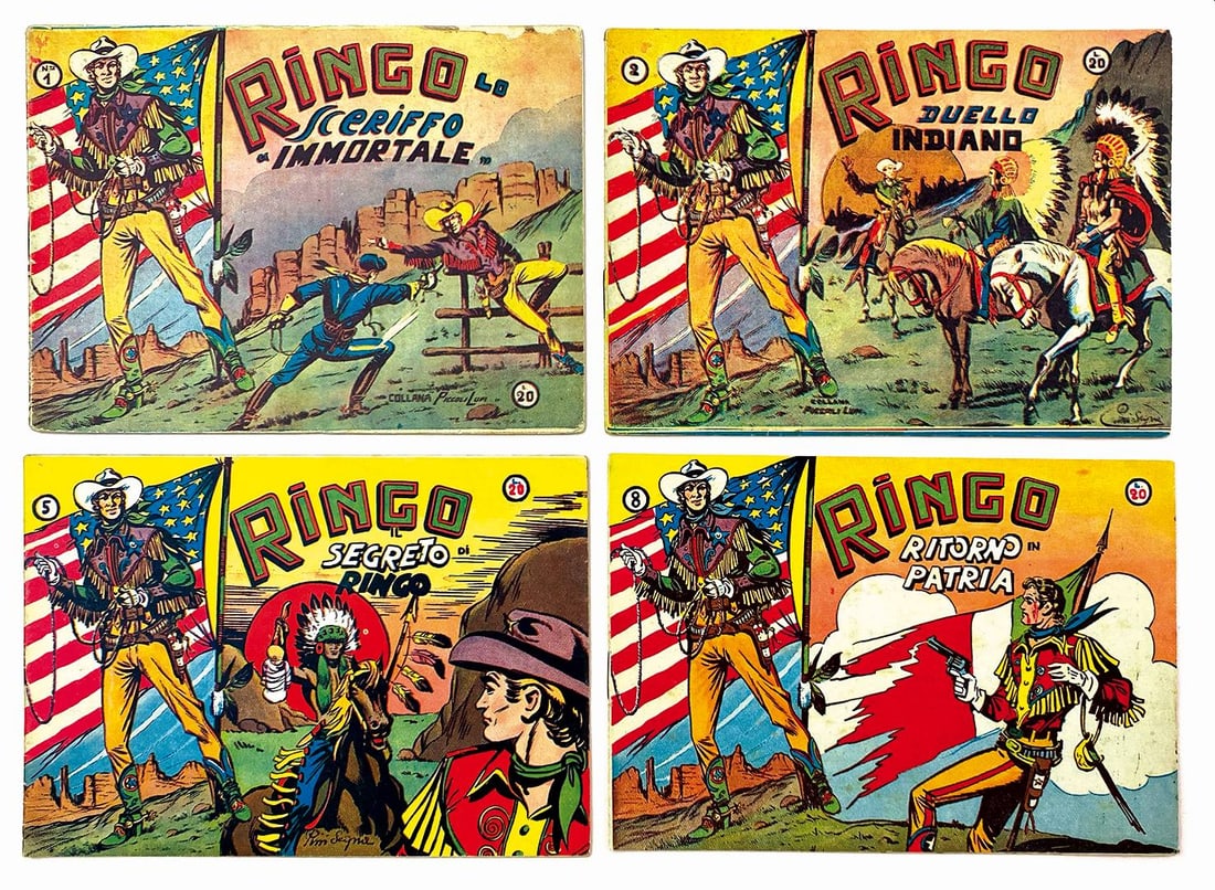 Ringo lo Sceriffo Immortale: Collana "Piccoli Lupi", 1950. Completa da n. 1 a 8. Spillati cm 12x16,5. Ottima, nuova. N. 1 con piccoli strappetti al margine superiore.
