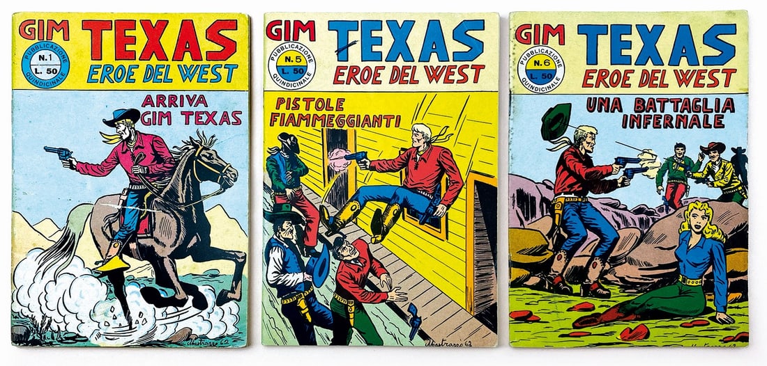 Gim Texas: Ed. Aliberti, 1963. Spillati cm 17x12. Serie completa da n. 1 a 6. Disegni di Franco Ma­strazzo. Uno dei primi collezionisti, commer­cianti di fumetti d'epoca. Buona, ottima; n. 1 e 3 con lieve abra