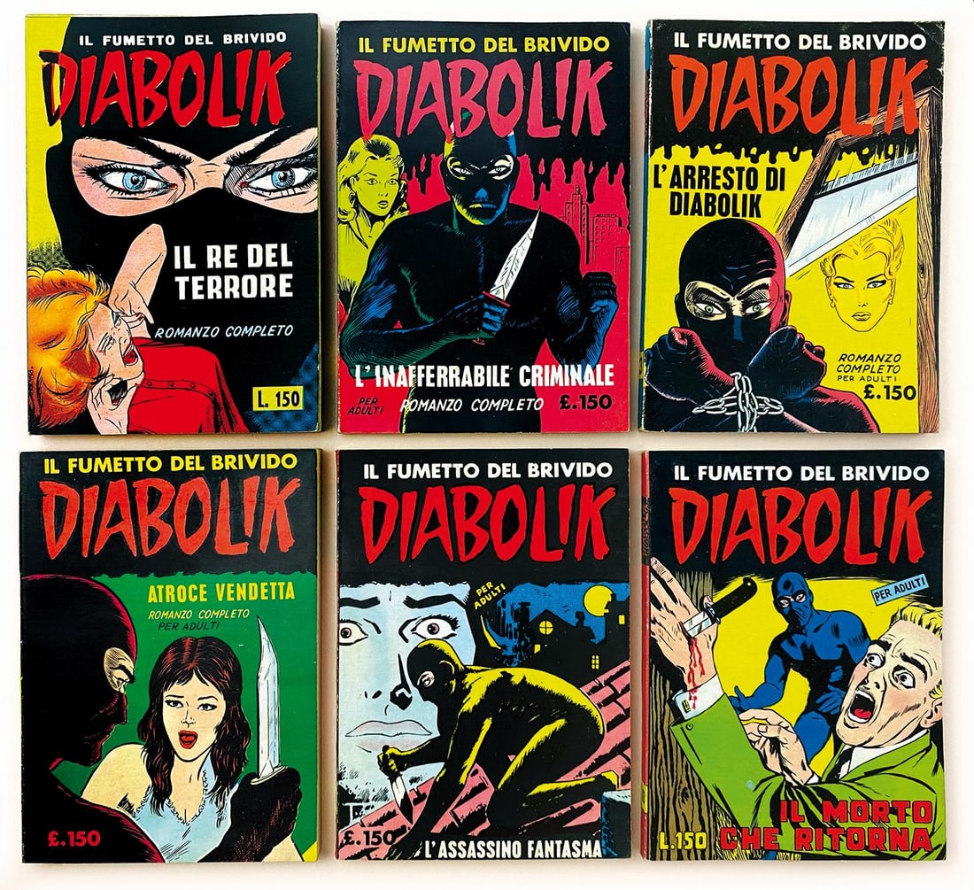Diabolik Sequenza n. 1-12 SODIP: Astorina, 1964/1965. Brossura cm 17x12. Sequenza dei primi 12 numeri in seconda ed.; n. 1 ver­sione senza barzelletta. Coper­tina anteriore e dorso perfetti, lucidi con bella patina, retroco­pertin