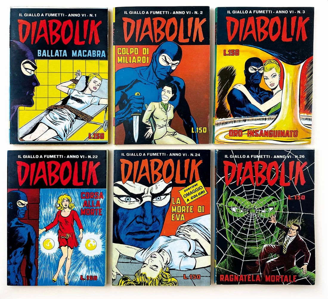Diabolik Anno VI: Astorina, 1967. Annata semi completa da n. 1 a 26 ad eccezione del n. 21. Edi­cola, magazzino. Collezione proveniente da unico proprietario privato: esenti da piega d'apertura, qualche numero con min