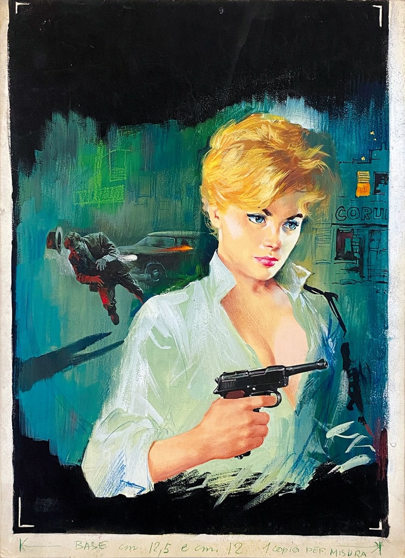 CARLO JACONO - Segretissimo: Partita e Tre: Originale di copertina per il ro­manzo scritto da M.G. Braun, pubblicato in Segretissimo Mon­dadori n. 55 del 1964. Tempera su cartone; cm 39,5x28,5. Eccellente stato.