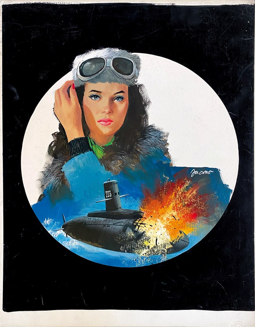 CARLO JACONO - Segretissimo: La Fuga: Originale di copertina per il ro­manzo scritto da John Owen, pubblicato in Segretissimo Mon­dadori n. 747 del 1978. Tempera su cartone; cm 44x34. Firmato. Eccellente stato.