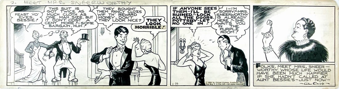 AL CAPP - Li’l Abner: Meet Mrs Sneerworthy: Striscia giornaliera per la Uni­ted Feature Syndicate, 28 gen­naio 1936. Matita e china su cartoncino, cm 15,5x58. Tito­lata a matita e firmata. Angoli destri arrotondati, area dise­gnata intatta.