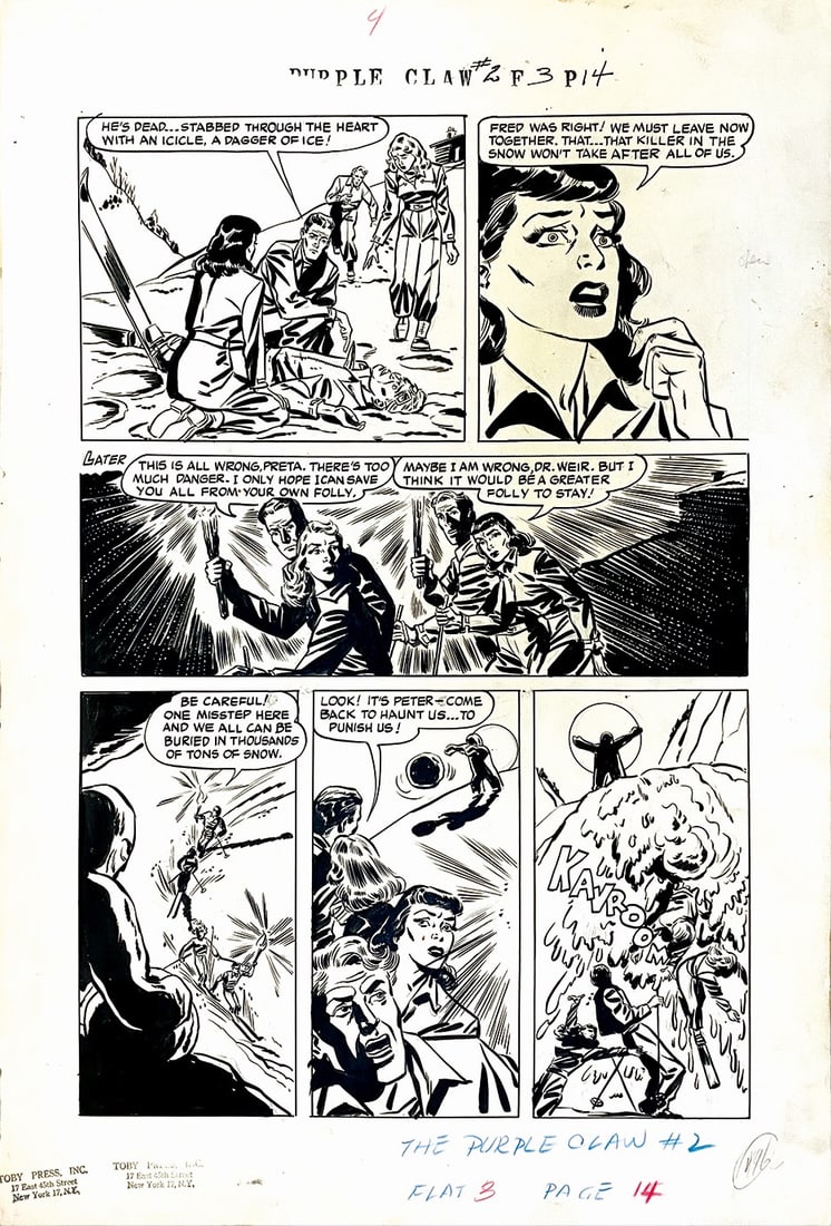 AUTORE NON REPERITO - The Purple Claw: AUTORE NON REPERITO - The Purple Claw: The Killer in the Snow. Tavola originale n. 14 per la seconda storia pubblicata in "The Purple Claw" #2, Toby Press, marzo 1953. Matita, china su cartoncino, cm 