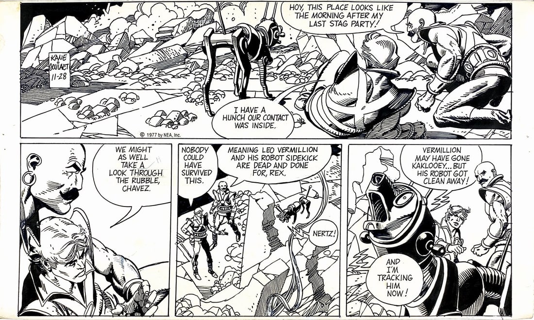 GIL KANE; RON GOULART - Star Hawks: Tavola giornaliera edita dalla Newspaper Enterprise Asso­ciation il 28 novembre 1977. Matita, china e tempera bianca su cartoncino, cm 26,5x44,5. Ottimo stato.