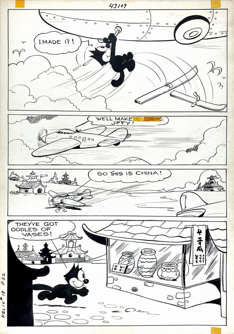 OTTO MESSMER - Felix the Cat: Tavola originale pubblicata a pag. 22 di "Felix the Cat" #18, Dell, dicembre 1951. Matita e china su cartoncino, cm 50x35,5. Ottimo stato. Piccola mancanza al lettering della prima vi­gnetta.
