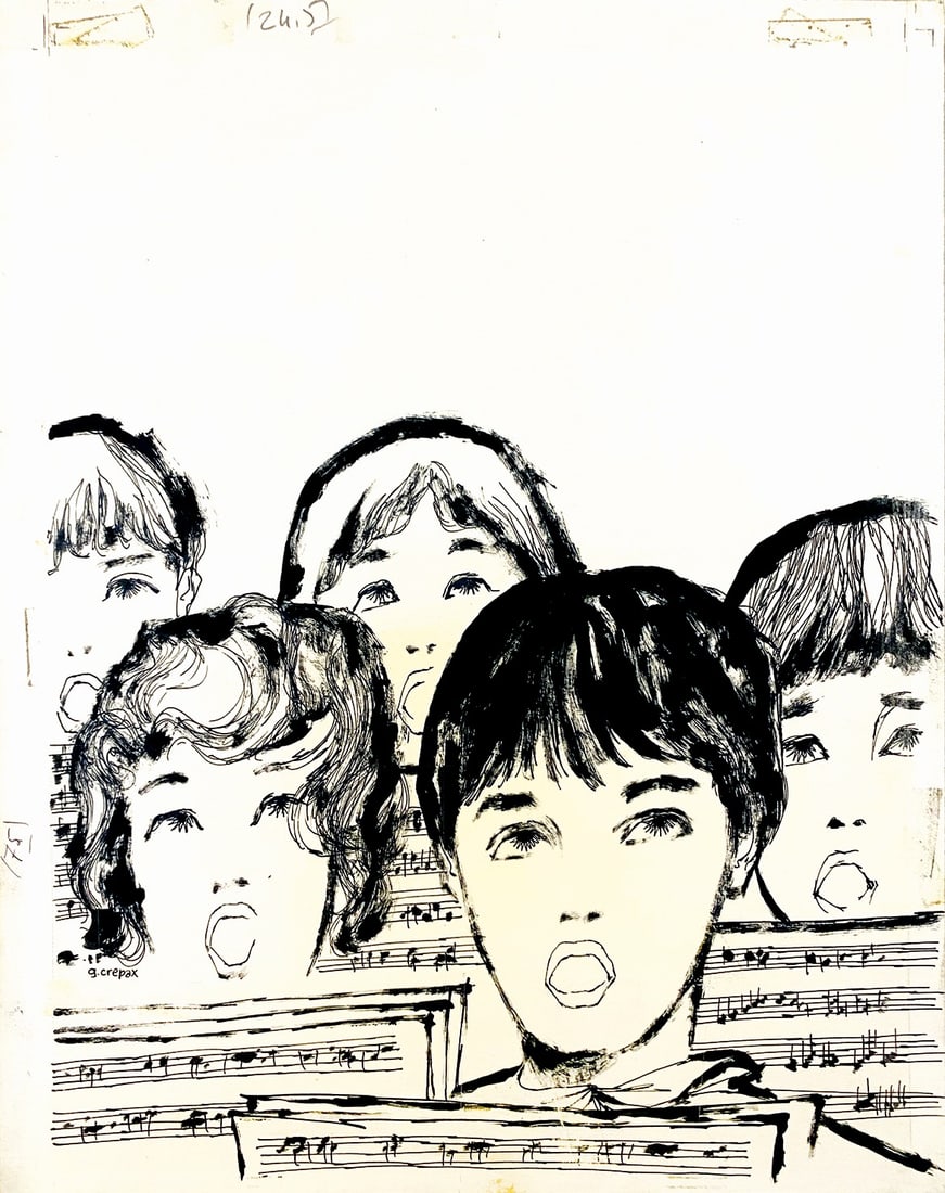 CREPAX - Il Piccolo Coro dell’Antoniano: GUIDO CREPAX - Il Piccolo Coro dell’Antoniano. Illustrazione originale matita e china su cartone, cm 32x25,5. Firmato. Non datato ma primi anni '60. Ottimo stato.