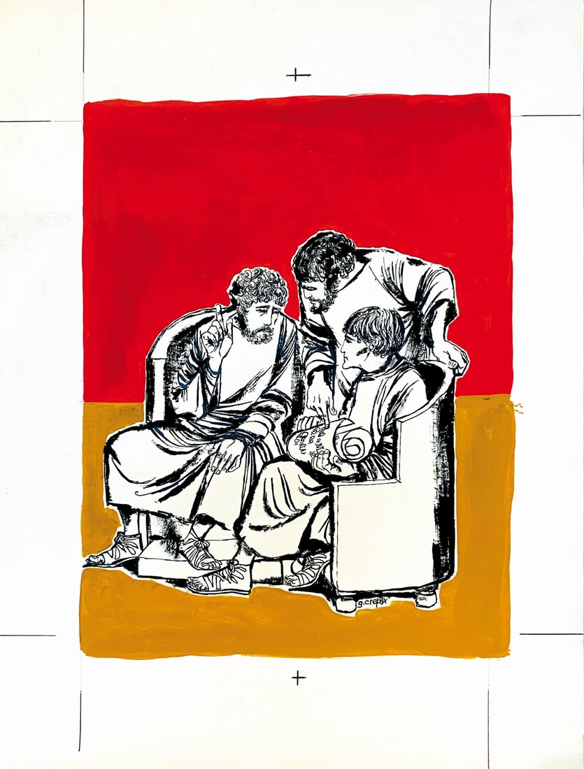 CREPAX - Grammatica Italiana: GUIDO CREPAX - Grammatica Italiana. Illustrazione originale per libro scolastico. Matita, china e tempera su cartone, cm 34x25,5 (opera cm 24,55x18,5). Firmato. Primi anni '60. Ottimo stato.