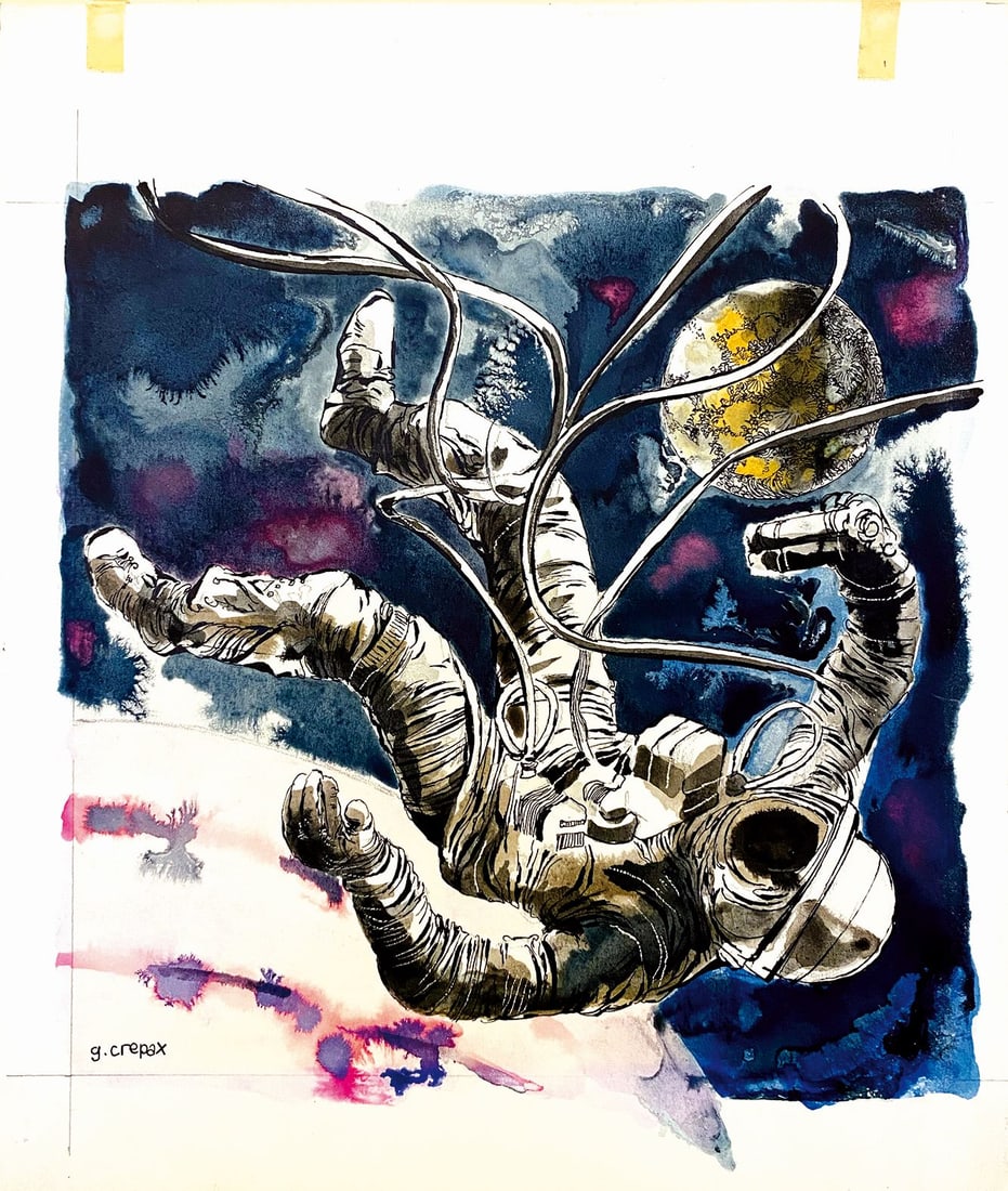 CREPAX - L’Esplorazione del Cosmo: GUIDO CREPAX - L’Esplorazione del Cosmo. Illustrazione originale per libro di­dattico, china e acquerello su car­tone, cm 30x25,5. Firmato. Non datato ma primi anni '60. Eccel­lente stato.