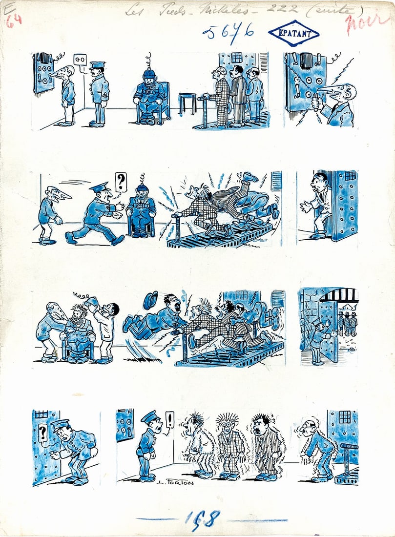 LOUIS FORTON - Les Pieds Nickeles: Tavola originale n. 222 pubblicata ne "L'Epatant", matita, china e china blu su cartoncino, cm 32,5x25. Firmata. Due strappetti ai margini senza mancanze, peraltro ottimo stato.