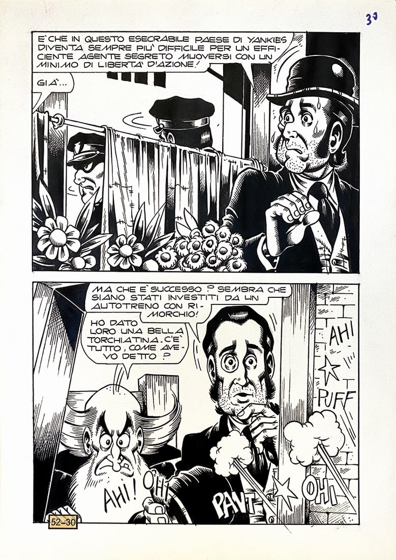 MAGNUS & BUNKER - Alan Ford: Grande Colpo: MAGNUS & BUNKER - Alan Ford: Il Grande Colpo di Superciuk. Tavola pubblicata a pag. 30 di Alan Ford n. 52, Corno, ottobre 1973. Matita e china su carton­cino, cm 25x18. Eccellente stato.