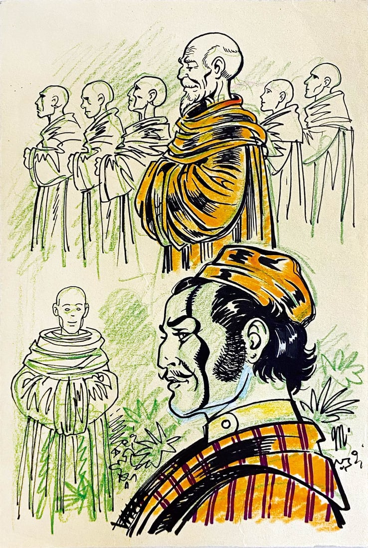 MAGNUS - Le 110 Pillole: Hsi-Men Ching: Studio dei personaggi, tecnica mista su cartoncino giallo, cm 25x17. Firmato. Primi Anni '80. Eccellente stato.