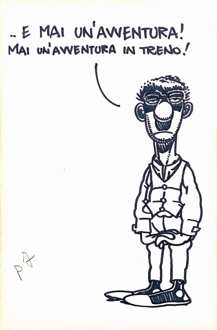 ANDREA PAZIENZA - ..E Mai Un’Avventura!: Illustrazione per "Il Male", 1980 circa. Matita e pennarello su cartoncino, opera cm 28x17,5. Eccellente stato.