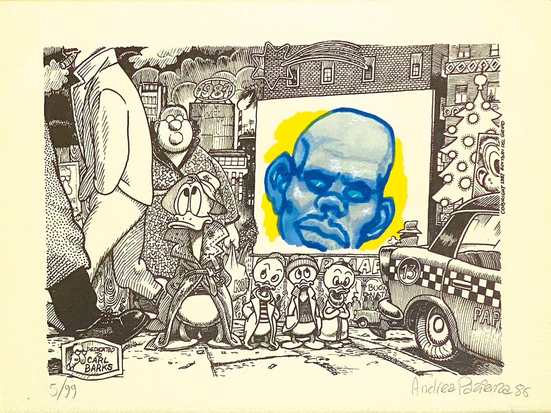 ANDREA PAZIENZA - Dedicato a Carl Barks: Disegno originale tecnica mista su litografia a tira­tura limitata, es. 5/99. Firmato e datato 1986. Misura complessiva cm 32x43 circa. Eccellente stato.