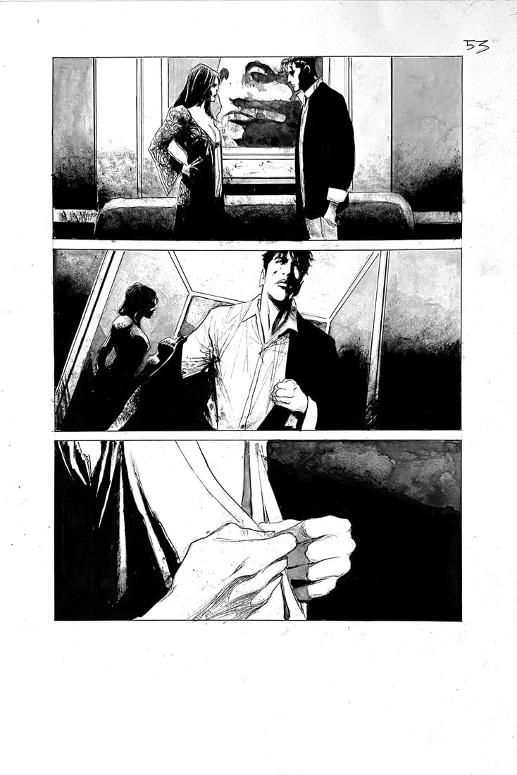 CORRADO ROI - Dylan Dog: Xenon!: Tavola originale n. 53 per la storia scritta da R. Rec­chioni, pubblicata in "Dylan Dog" n. 445, Bonelli, sett. 2023. China su cartoncino; cm 42x28 (opera cm 30,5x22). Eccellente stato.
