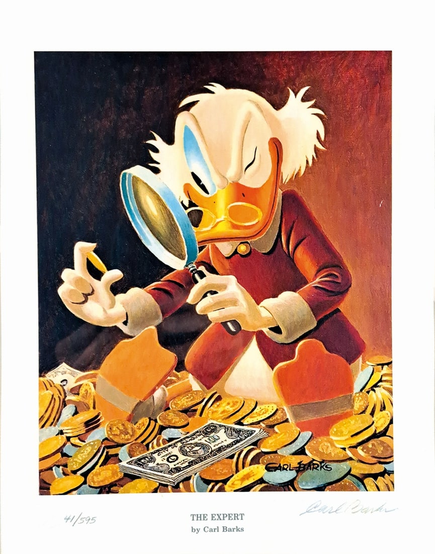 CARL BARKS - Uncle Scrooge: the Expert: Litografia a tiratura limitata da Another Rainbow, esemplare n. 41/595. Opera cm 35x25 circa. Firmata in originale e corredata dal suo certificato di autenticita'. Eccellente stato.