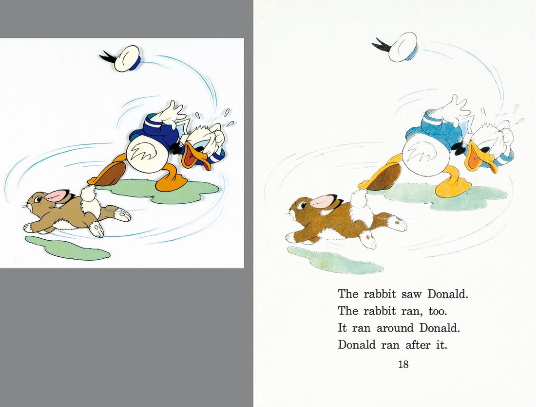 HANK PORTER - Donald Duck and The Rabbit: Illustrazione originale per i volumi editi negli USA da William Heath. China e tempera su acetato, cm 31x19, opera cm 13x14. Non da­tata ma seconda meta' anni '30. Ottimo stato.