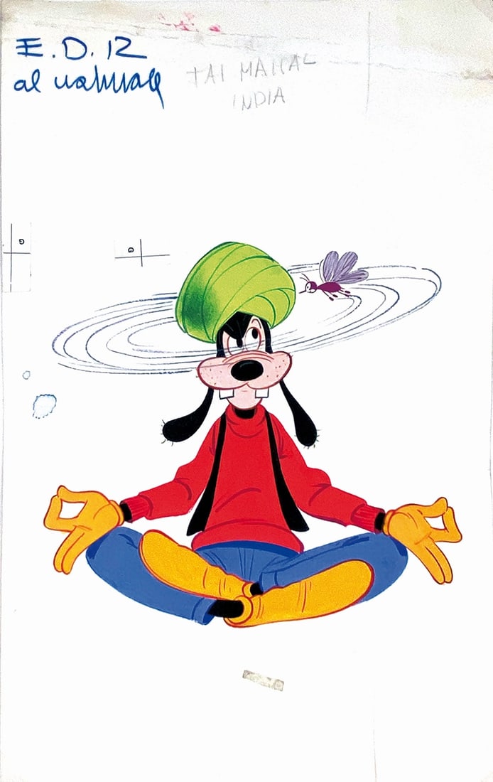 GIOVANNI BATTISTA CARPI - Pippo Fachiro: Illustrazione per Enciclopedia Disney, primi anni '70. China e acquerello su cartoncino, cm 25x15,5 (opera cm 14x14). Pieghe al margine bianco, ma ottimo stato.