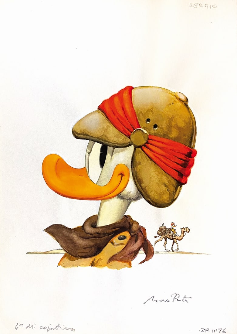 MARCO ROTA - Paperino Esploratore: Originale di retrocopertina per Zio Paperone n. 76, Mondadori, 1996. Acquarello su car­toncino, cm 35x26. Firmato. Eccellente stato.