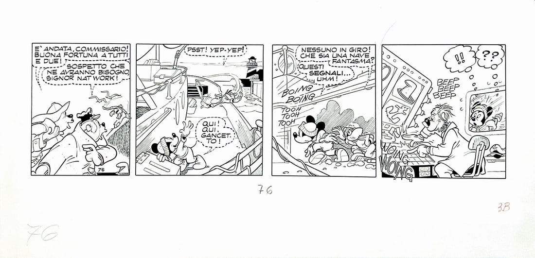 SCARPA - Topolino e L’Enigma di Brigaboom: ROMANO SCARPA - Topolino e L’Enigma di Brigaboom. 76a striscia. Ma­tita e china per la storia ideata, scritta e sceneggiata da Scarpa, concepita nel formato striscia giornaliera americana. Bella st