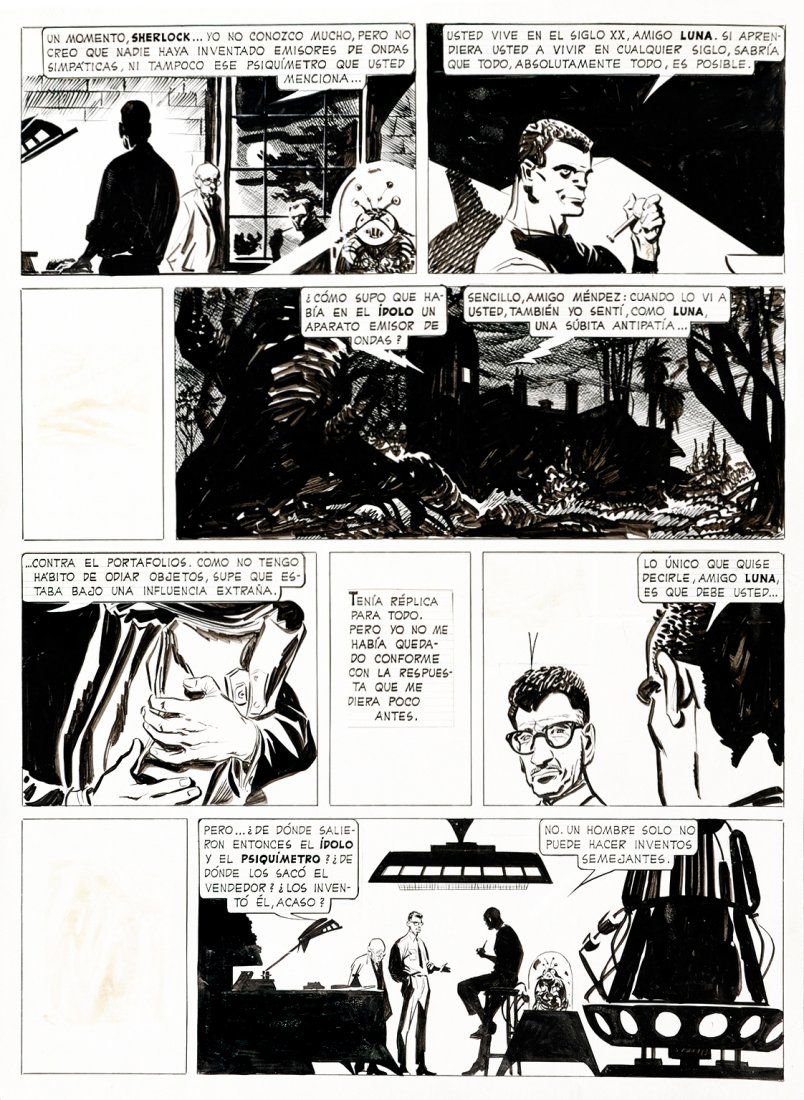 Alberto Breccia Sherlock Time: ENG Full-panel art. Pencil and ink on drawing paper. Early 60s. Lettering partially lacking. IT Alberto Breccia Sherlock Time Tavola a pannello intero. Matita e china su carta da disegno cm 34x45. Pr