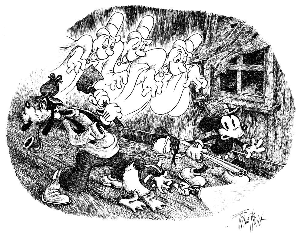 Franco Bruna Topolino nella casa dei fantasmi: ENG Pencil and ink on thin cardboard. Signed. IT Franco Bruna Topolino nella casa dei fantasmi Illustrazione celebrativa matita e china su cartoncino cm 50x36. Firmata.