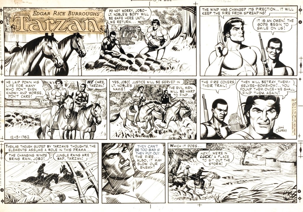 John Celardo Tarzan: ENG Sunday page, December 13, 1964. Pencil and ink on thin cardboard. Signed at the fifth panel. Very good condition. IT John Celardo Tarzan di E. R. Burroughs. Tavola domenicale, 13 dicembre 1964. Ch